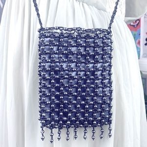 Beautiful Pearl beaded crossbody phone/glasses bag grey 5x6” w. 22” drop